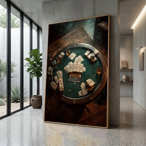 May include: A framed artwork showing a poker table laden with cash and chips. The green felt table is surrounded by stacks of money and glasses of amber liquid. The artwork is displayed in a modern, minimalist interior.