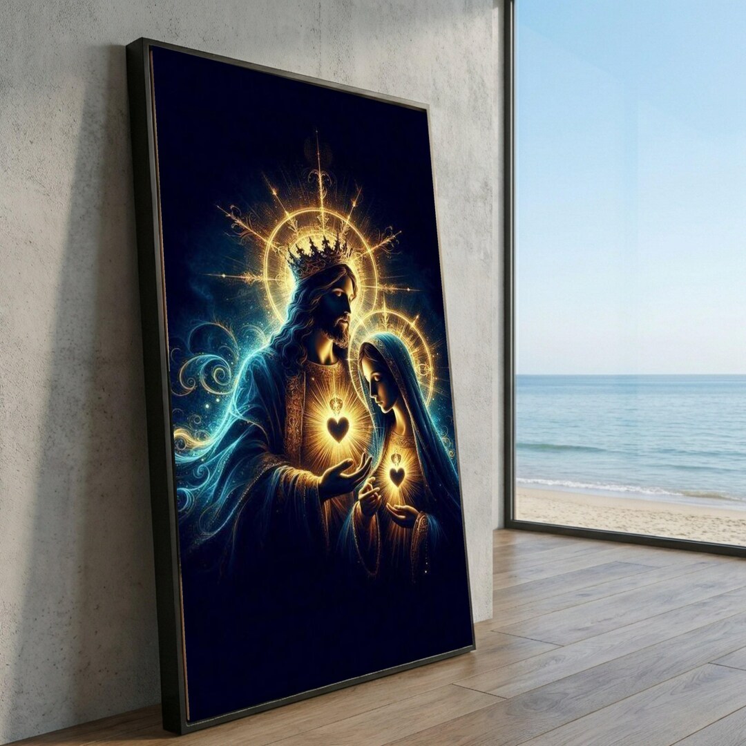 Sacred Heart Jesus Mary Canvas Art, Illuminated Devotional Artwork ...
