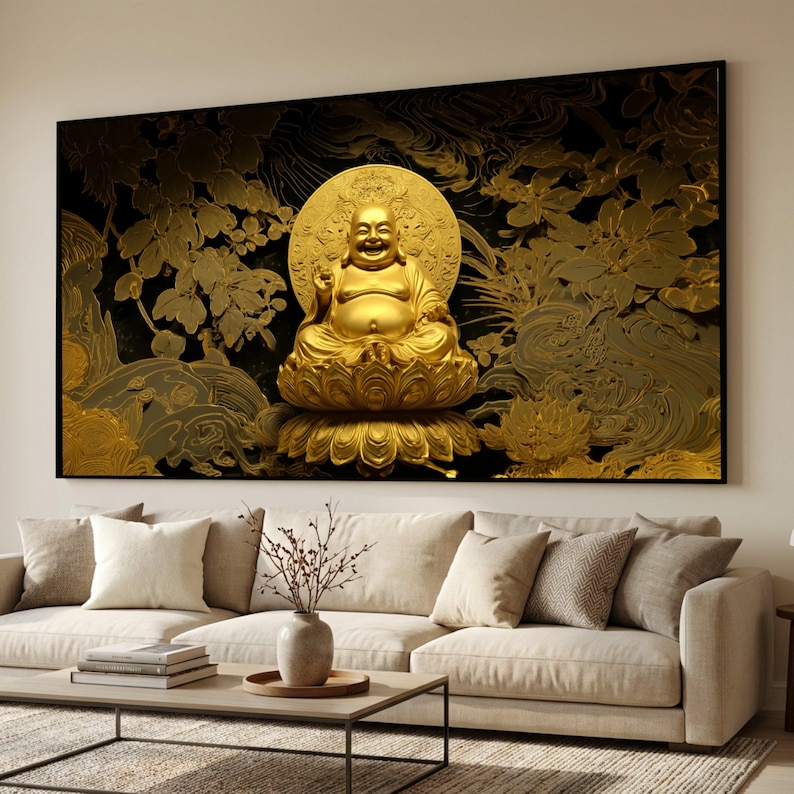 Golden Laughing Buddha Canvas Art, Zen Spiritual Wall Decor, Meditation ...