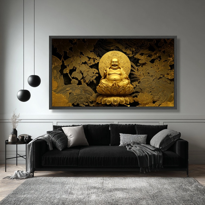 Golden Laughing Buddha Canvas Art, Zen Spiritual Wall Decor, Meditation ...