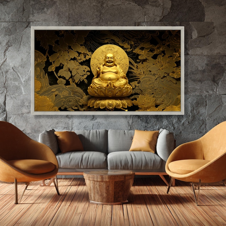Golden Laughing Buddha Canvas Art, Zen Spiritual Wall Decor, Meditation ...