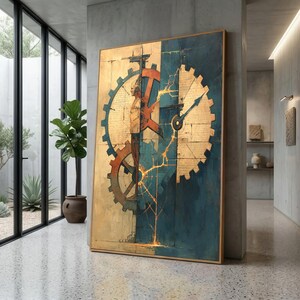 Puede incluir: Una gran pieza de arte mural rectangular con una composición dividida. El lado izquierdo muestra una figura humana integrada con grandes engranajes mecánicos en tonos oro y óxido. El lado derecho muestra un reloj en azul profundo.