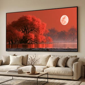 Red Moon Tree Canvas Print, Surreal Forest Lake Wall Art, Crimson Landscape Decor, Misty Woodland Reflection Scene, lake reflection