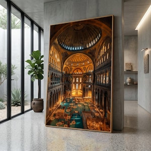Impresión en lienzo de la arquitectura bizantina del interior de Santa Sofía, arte mural de la cúpula emblemática de Estambul