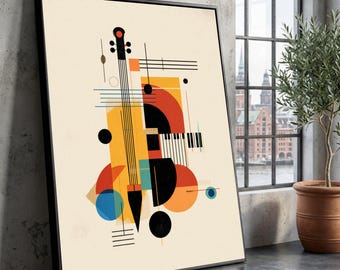 May include: Abstract art print featuring a violin and piano keys in a geometric design. The artwork uses a palette of yellow, orange, black, and blue against a cream background. The framed print is displayed in a modern interior setting.