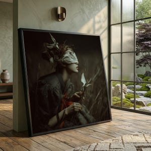 Ethereal Blindfolded Woman Canvas, Dreamlike Nature Portrait, White Birds Floral Headpiece, Surreal Art Print