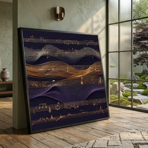 Puede incluir: Impresión artística enmarcada con un diseño de partitura musical. La obra de arte presenta líneas fluidas de notas musicales en oro y blanco sobre un fondo azul oscuro y morado. La impresión se muestra en un marco negro.