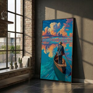 Man Rowing Boat at Sunset Canvas, Reflective Water Scene, Cloudscape Wall Art, Tranquil Nature Illustration, Home Decor Canvas