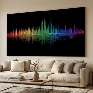 May include: A large canvas print depicting a colourful sound wave design in rainbow hues against a black backdrop. The artwork has a mirrored effect, with the colours reflected below the wave. The print is displayed above a beige sofa.