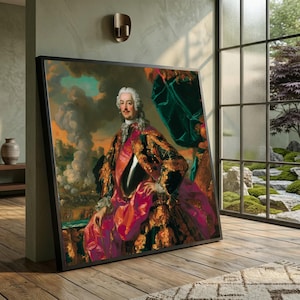 May include: A framed oil painting depicting a historical figure in ornate gold-trimmed green and pink robes with a metallic breastplate, standing before a dramatic landscape with a cloudy sky and a distant fortress, set in a black rectangular frame.