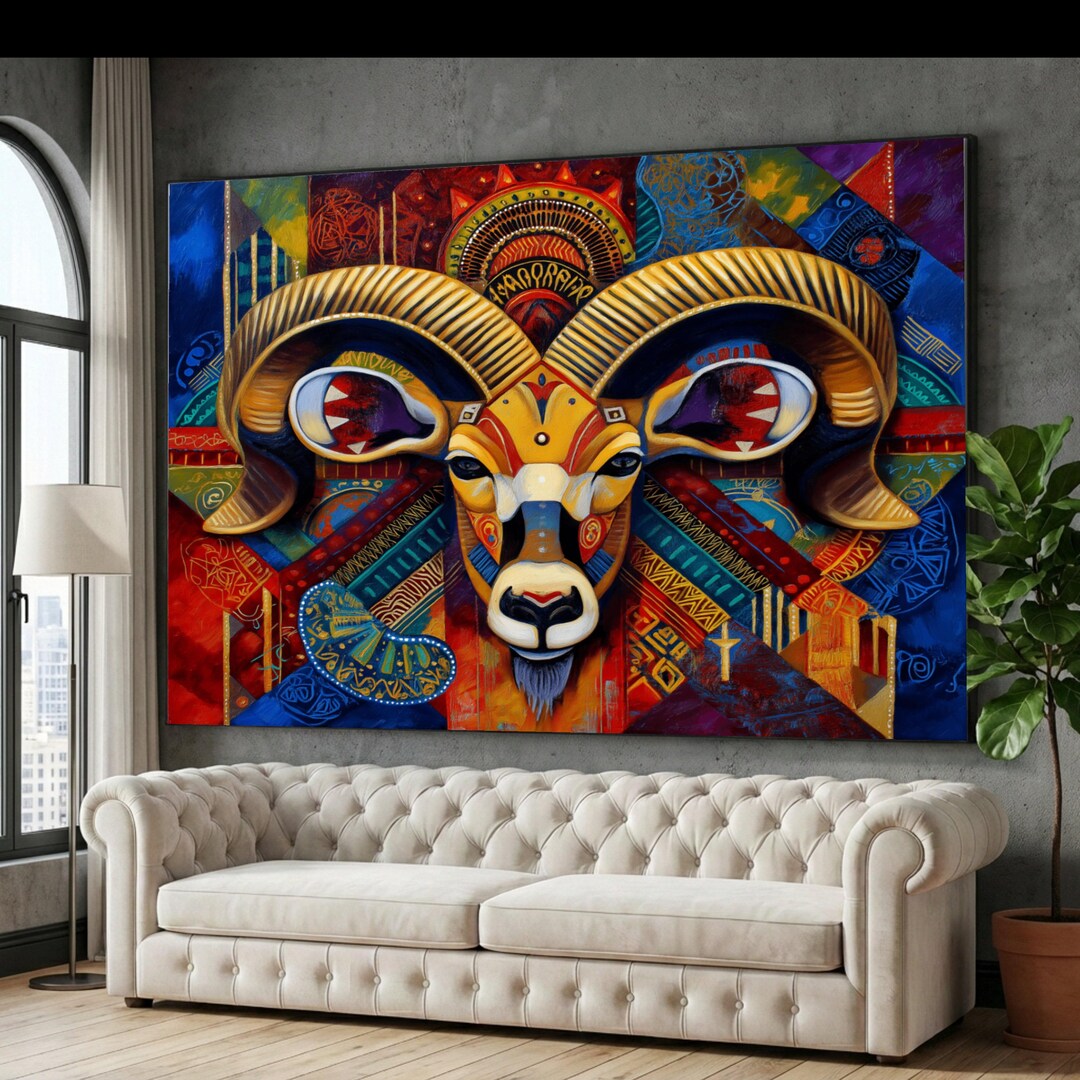 Painted Rams Head Vibrant Ram Head Canvas Art, Tribal Abstract Painting, Geometric Ethnic ...