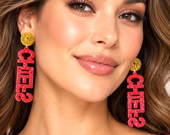 Kansas City Chiefs Earrings, Red Gold Glitter Football Earrings, KC Game Day Jewelry, Chiefs Fan Statement Dangles
