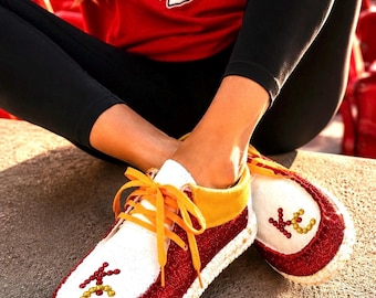 Custom KC Chiefs Rhinestone Hey Dude Shoes Women’s 10, Hand Painted Sneakers