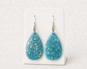 Turquoise Glitter Resin Teardrop Earrings | 2” Drop Dangle Earrings | Lightweight Sparkle Jewelry | Silver Tone Hooks | Handmade Statement E