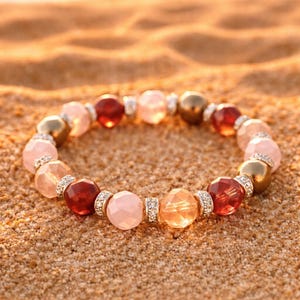 Golden Dusk Bead Bracelet Pink Amber Crystal Stretch Elegant Jewelry Gift