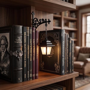 May include: A black metal wall-mounted lantern with a chain suspension, featuring a glowing frosted glass shade. The lantern is positioned between two rows of hardbound books on a wooden shelf, including titles like The Gothic Imagination.