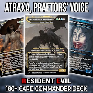Könnte beinhalten: Drei Magic: The Gathering-Karten mit Charakteren aus Resident Evil. Die Karten tragen die Titel "Alcina Di", "Lady Dimitrescu, Winged Mut" und "Cassandra Dimitrescu". Der Text "ATRAXA, PRAETORS' VOICE" und "RESIDENT EVIL 100+ CARD COMMANDER DECK" sind ebenfalls sichtbar.