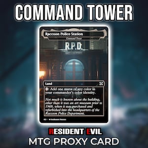May include: A rectangular trading card titled Command Tower featuring an illustration of the Raccoon Police Station with R.P.D. text above a gated entrance. The card includes game text regarding mana and a flavor text block about the building history.