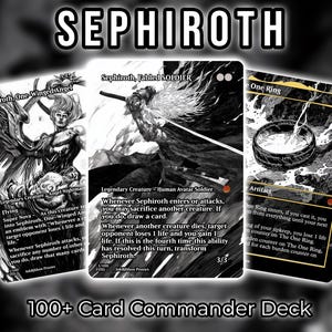 May include: Three black and white trading cards featuring detailed illustrations. The left card shows a winged figure, the centre card depicts a sword-wielding character, and the right card displays a ring. Text includes SEPHIROTH and 100+ Card Commander Deck.