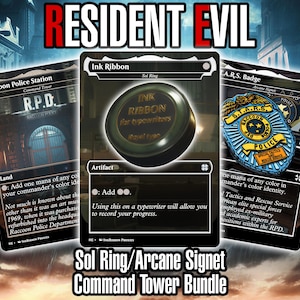 May include: Three Resident Evil themed trading cards are displayed. The cards feature the Raccoon Police Station, an Ink Ribbon, and an A.R.S. Badge. The text "RESIDENT EVIL" is at the top, and "Sol Ring/Arcane Signet Command Tower Bundle" is at the bottom.