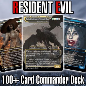 May include: Three custom Resident Evil trading cards featuring Alcina Dimitrescu, Lady Dimitrescu, and Cassandra Dimitrescu. The text "Resident Evil" is at the top, and "100+ Card Commander Deck" is at the bottom.