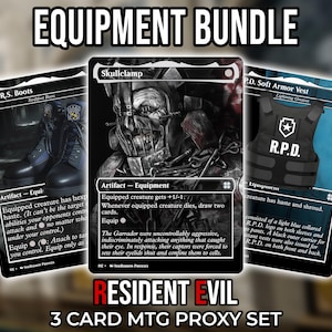 May include: Three Resident Evil MTG proxy cards are shown, featuring "S.T.A.R.S. Boots", "Skullclamp", and "R.P.D. Soft Armor Vest". The image is labelled "EQUIPMENT BUNDLE" and "RESIDENT EVIL" at the top and bottom. The set is a 3-card MTG proxy set.
