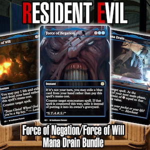May include: Three collectible trading cards featuring artwork from Resident Evil. The cards are titled "Force of Negation," "Force of Will," and "Mana Drain." The cards have black borders and include game text and quotes. The text "RESIDENT EVIL" is at the top.