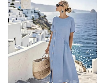 Boho Summer Dress for Women, Loose Fit Maxi Dress, Casual Kaftan Dress, A-Line Beach Dress with Pockets, Oversized Polyester Dress