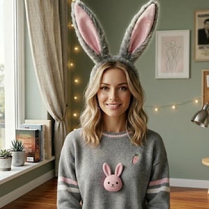 Large Plush Bunny Ears Headband - Fuzzy Gray & Pink Easter Hair Accessory