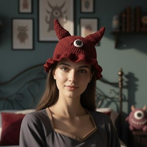Peut inclure: Un chapeau en crochet bordeaux avec deux cornes et un seul œil. Le chapeau a un bord à volants et est porté par une personne. Cet accessoire fantaisiste est parfait pour un costume ou pour un usage quotidien.