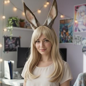 Puede incluir: Una persona con una peluca rubia clara con flequillo y una blusa beige. La persona lleva una diadema con grandes orejas de conejo peludas. El fondo incluye carteles, plantas y luces de cadena.
