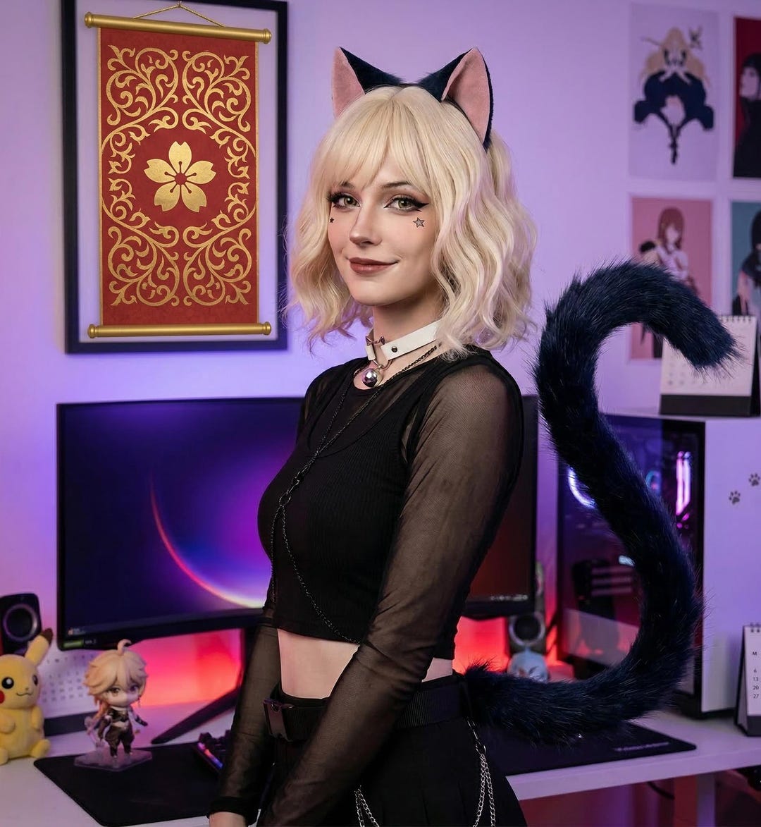 Navy Blue Cat Ears and Tail Set - Midnight Blue Neko Cosplay Kit - Faux ...