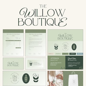Könnte beinhalten: Ein Branding-Design-Konzept für "The Willow Boutique" mit Logo, Briefpapier und Farbpalette. Das Logo enthält ein stilisiertes "W" und ein weizenähnliches Design. Das Farbschema ist hauptsächlich grün und weiß.