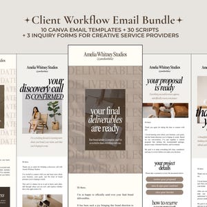May include: A Client Workflow Email Bundle graphic with the text "Client Workflow Email Bundle" and "10 Canva Email Templates + 30 Scripts + 3 Inquiry Forms for Creative Service Providers." The graphic includes examples of email templates.