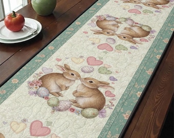 Küssender Hase Gesteppter Tischläufer, Ostertischläufer Dekor, Pastellkaninchenherzen Eier Tischdecke, Frühling Esszimmer Patchwork Quilt Geschenk