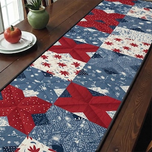 May include: A rectangular table runner with a patchwork design. The runner features alternating blocks of red starburst patterns, floral prints, and blue patterned fabric. The colour palette includes red, white, and blue, creating a patriotic theme.