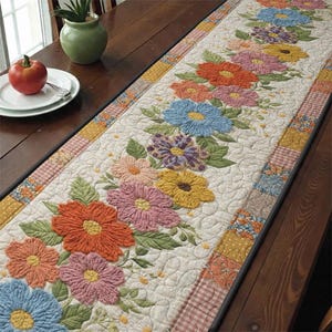 Spring Floral Quilted Table Runner, Colorful Garden Flower Patchwork Quilt, Wildflower Meadow Table Decor, Easter Floral Kitchen Runner