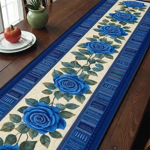 Blue Rose Quilted Table Runner, Botanical Floral Home Decor, Blue and Cream Flower Table Mat, Cottagecore Kitchen Decor, Housewarming Gift