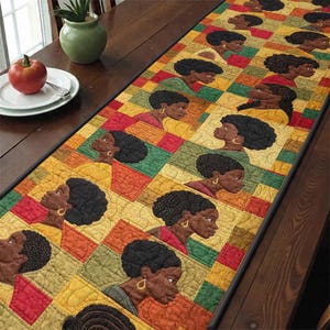 Schwarze Königin Gesteppte Tischläufer, Afrikanische Silhouette Patchwork Quilt, Pan-Afrikanische Farben Tischdekoration, Melanin Pride Baumwolle Küchenläufer