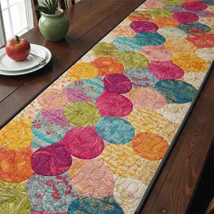 抽象的なカラフルなイースターエッグキルティングテーブルランナー、モダンなパッチワークキルトのホームデコレーション、鮮やかなオレンジとピンクのテーブルマット、芸術的なダイニングデコレーション