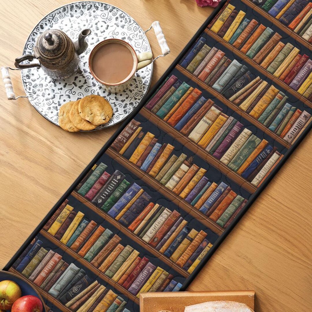 Book Lover Quilted Table Runner, Library Books and Tea Cup Floral Decor ...