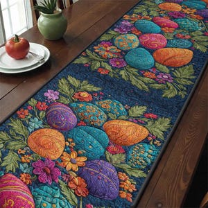 Könnte beinhalten: Gesteppter Ostern-Tischläufer mit bunten, gemusterten Ostereiern und floralen Akzenten auf marineblauem Hintergrund. Der Läufer ist mit verschiedenen Blumen und Blättern verziert und sorgt für einen festlichen Look für die Feiertage.