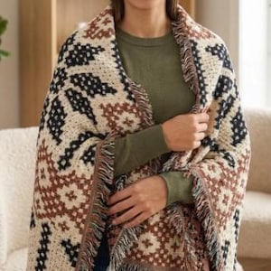 Nordic Folk Woven Blanket, Scandinavian Throw Blanket, Rustic Cotton Throw, Cozy Farmhouse Decor, Geometric Woven Blanket