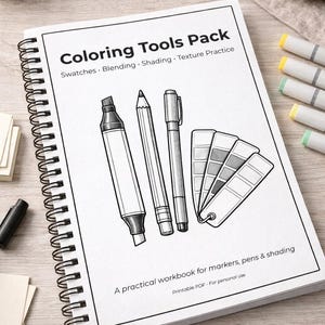 May include: A white spiral-bound workbook with the title "Coloring Tools Pack" and illustrations of art supplies. The cover text includes "Swatches, Blending, Shading, Texture Practice." It's a workbook for markers, pens, and shading.