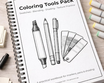 Paquete de herramientas para colorear imprimible / Práctica de muestras, mezcla, sombreado y texturas / Cuaderno de práctica con marcador y bolígrafo (PDF)