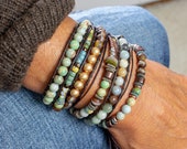Handmade Amazonite Tibetan Jasper and Pearl Multi Strand Beaded Bracelet, Multi Layer Brown Leather Wrap Boho Bracelet, Bohemian Jewelry