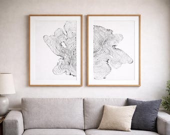Minimalist Tree Ring Wall Art Set of 2, Handmade Wood Print, Neutral Scandinavian Decor, Black and White Organic Modern Art