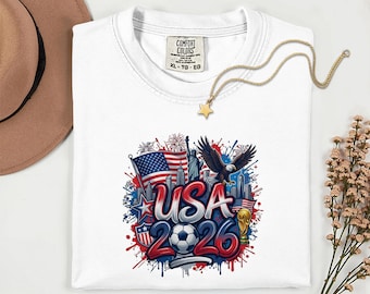 Camiseta de fútbol de EE. UU. 2026, camiseta gráfica del torneo mundial, camiseta Comfort Colors para aficionados al deporte.