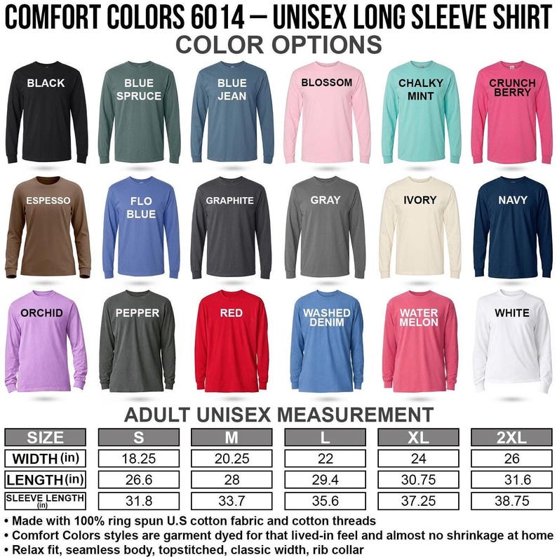 a collection of long sleeve shirts in various colors, along with size and sleeve length measurements.