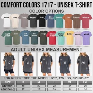 a collection of t-shirt designs in various colors, along with size and measurement information for each design.